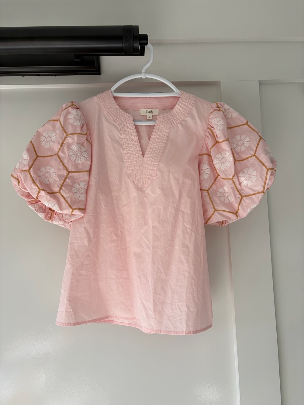 Pink Puff Sleeve Embroidered Top